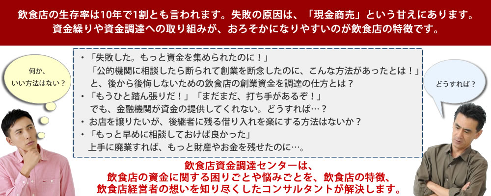 飲食店資金調達センターは、こうした資金に関する困りごとを、飲食店の特質、飲食店経営者の想いを知り尽くしたコンサルタントが解決します。
